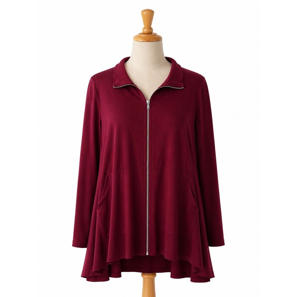 Sun Kim Zip Front Jacket Size 1x Maroon Red High Low Hem Pockets Artsy Classic